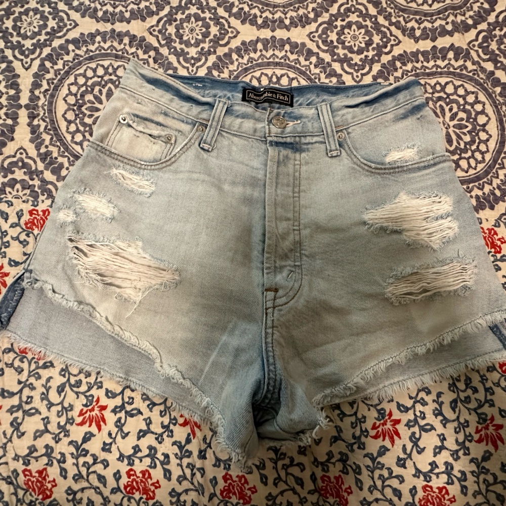 Abercrombie & Fitch Blue Jean Shorts with Distressed Frayed Hem